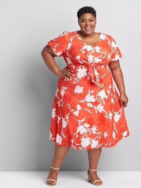 Lane Bryant Starfish Coral Pink Floral Knot Waist Midi Dress Sz 28
